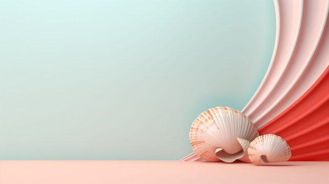 Sea shells on the pink surface on a gold background with copy space