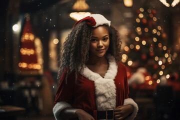 Black Female Christmas Santa Holiday Backdrop Generative AI
