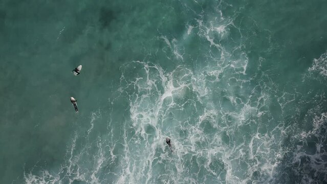 Aerial view 90 degrees surfers wait for the perfect wave. Slow motion 4K