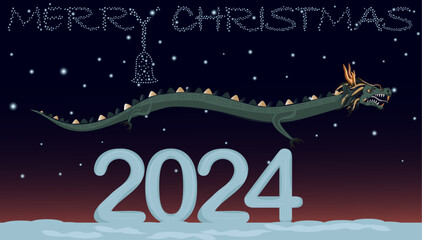 dragon, 2024, snow,merry christmas, stars in the sky, cones on the tree, bell from the stars, snow winter, new year, 