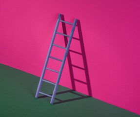 Wooden ladder on a green-purple background. Minimum layout. Business, leadership concept, career growth
