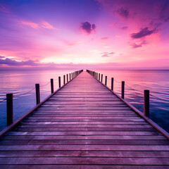 A pier stretching out into the ocean at purple sunset. Generative AI