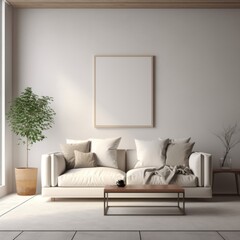 cozy living room with all white empty wall above the sofa