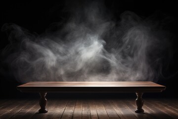 A rustic wooden table with a smoky ambiance