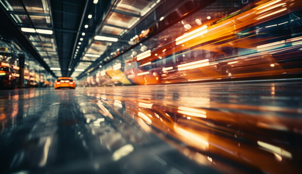 Motion blurred car light tracks in the tunnel