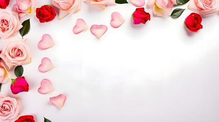 Background for messages with a frame of flowers and hearts. Valentine's Day. Space for text
