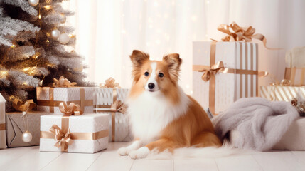 Christmas puppy, puppy with christmas hat, presents and decorations. Ai generated