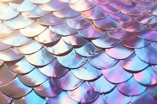 Iridescent Mermaid's scale, abstract shimmering background for fairytale concept. AI generated digital design.