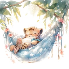 A sleepy baby leopard in a hammock. watercolor illustration.