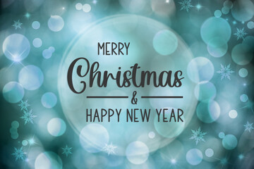 Blue and Blurry Christmas Background With Text Merry Christmas And Happy New Year