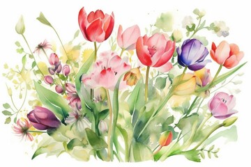Watercolor card showing beautiful sweet peas and tulips. Generative AI