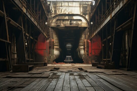 Picture of a vessel's bulkhead inside a floating dry dock. Generative AI