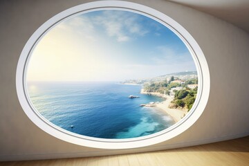 Obraz na płótnie Canvas An image of a breathtaking seascape view through a round window in a living room. Generative AI