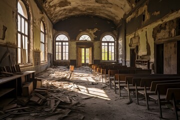 An old decaying school with empty classrooms and forgotten education remnants. Generative AI