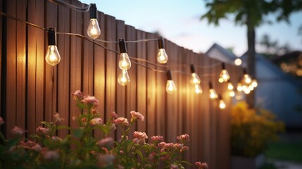 Rustic Elegance: Cozy light bulbs hang in a row against a wooden garden fence, creating a romantic and illuminated atmosphere for a countryside wedding