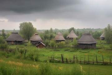Village from the medieval Slavic era. Generative AI - obrazy, fototapety, plakaty