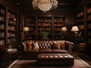 Elegant home library with dark wood bookshelves, a leather Chesterfield sofa, and a crystal chandelier. Traditional home interior design for book lovers. - obrazy, fototapety, plakaty
