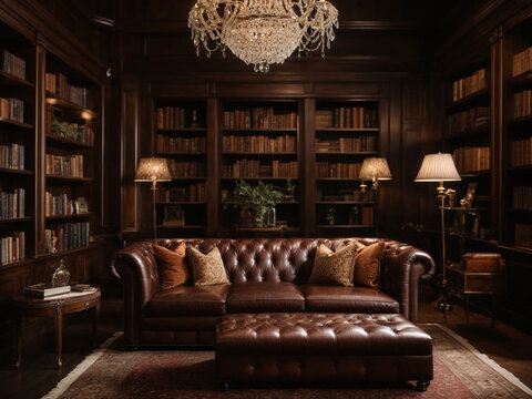 Elegant home library with dark wood bookshelves, a leather Chesterfield sofa, and a crystal chandelier. Traditional home interior design for book lovers.