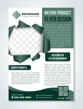 Corporate flyer Design Template in A4. the example headline is nature product flyer design. paper torn shape for space of photo with shadow effect. multicolor green gradient on background and elements
