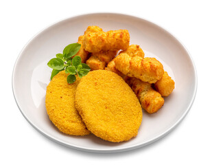 Breaded and fried chicken steaks with tater tots with herb leaves in white plate isolated