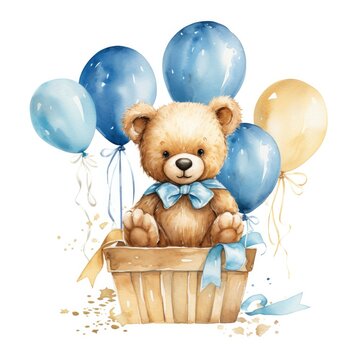 A watercolor baby teddy bear is sitting in the basket with blue and gold balloons.