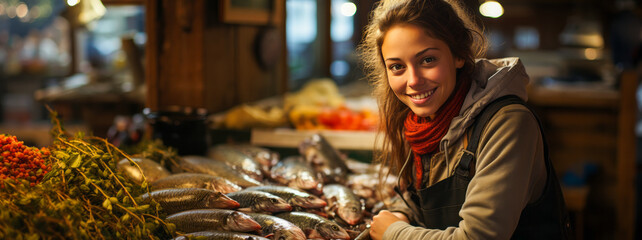 Young fishmonger woman at vibrant South American coastal market. - obrazy, fototapety, plakaty