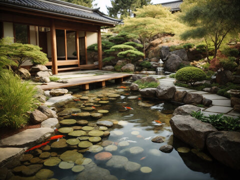 Japanese Zen garden with a koi pond, bamboo water feature, and stepping stones. Tranquil outdoor space for meditation and relaxation.
