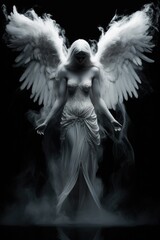 Isolated black background. White angel wings. Angel, archangel, angel of light, celestial being. archangel, cherub, seraph. Smoke Gothic angel statue. Misty, foggy, fantasy. Arms opened. Looking down.