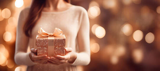 Woman hand holding a gift box on beautiful bokeh background banner, Christmas and New Year concept - obrazy, fototapety, plakaty