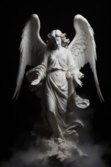 Religious angelical statue. offering hands. Isolated black background. White angel wings. Angel, archangel, angel of light, celestial being. archangel, cherub, seraph. White robe veil. Long curly hair
