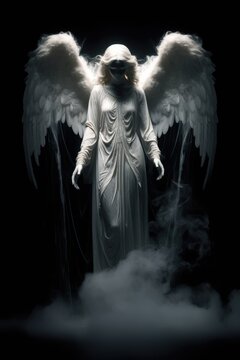 White marble stone statue. Misty glowing fantasy background. Isolated black background. White angel wings. Angel, archangel, angel of light, celestial being. archangel, cherub, seraph. Glowing magic.