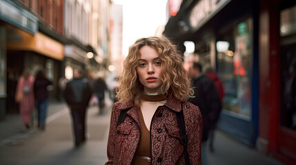 Fototapeta premium Portrait of a Stylish Pretty Young Woman in Autumn Fashion walking the city Looking at the Camera.