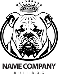 memorable emblem logo that reflects the canine personality of the purest and most luxurious breed bulldog with crown between circular frame and customizable text