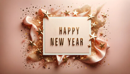 A vibrant and festive card for the year 2024, adorned with a sparkling pink square and shimmering gold stars, exuding happiness and holiday cheer with the whimsical addition of glitter 