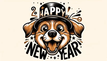 Fotobehang Ring in the new year with a jolly canine in a festive hat, dancing with inked skull designs and spreading holiday cheer through this vibrant cartoon illustration for a merry 2024 christmas card © Glittering Humanity