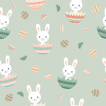 Lovely Easter seamless pattern with bunnies, doodles and eggs. Suitable for Easter cards, banner, textiles, wallpapers, background