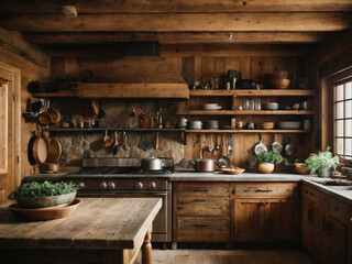 Fototapeta na wymiar Rustic cabin kitchen with reclaimed wood cabinets, stone countertops, and a pot rack. Cozy home interior design of a mountain cabin.