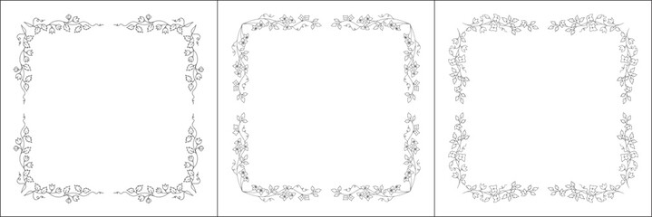 Set of three vector frames with flowers. Elegant black and white monochrome ornamental corners. Vector frame for all sizes and formats. Isolated vector illustration.