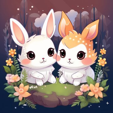 vector image of bunnies kawaii style