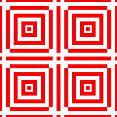 Repeated stylized red squares on white background. Quadrangles wallpaper. Seamless surface pattern design with symmetrical polygons ornament. Geometric motif. Digital paper for print. Vector art