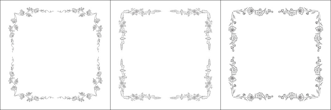 Set of three vector frames with field flowers. Elegant black and white monochrome ornamental corners. Vector frame for all sizes and formats. Isolated vector illustration.