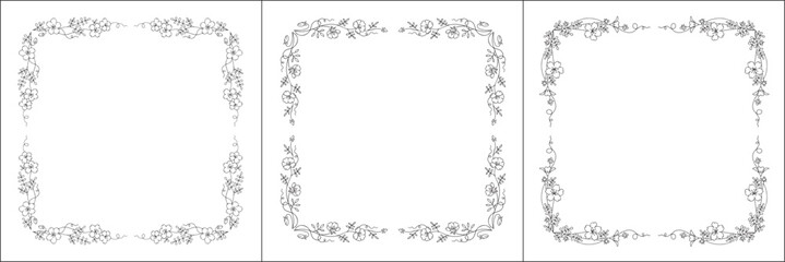 Black and white vegetal ornamental frame with baby blue eyes flowers, decorative border, corners for greeting cards, banners, business cards, invitations, menus. Isolated vector illustration.