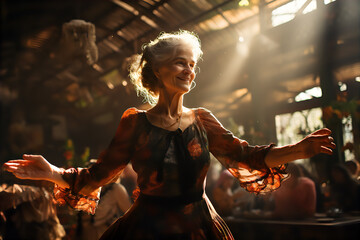 Szczęśliwa Starość: Uśmiechająca się Kobieta w Tańcu - obrazy, fototapety, plakaty