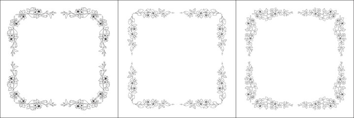 Black and white vegetal ornamental frame with spring trees blossom, decorative border, corners for greeting cards, banners, business cards, invitations, menus. Isolated vector illustration.