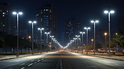 City of Lights: A modern street LED lighting pole illuminates the urban nightscape, blending eco-energy technologies with the vibrant city.