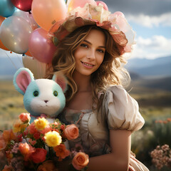 Urok i Uśmiech: Kwiaty, Balony i Pluszowy Przyjaciel - obrazy, fototapety, plakaty