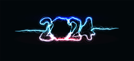 Neon digits for New Year on a dark sky-blue backdrop radiate energy and drama. Perfect for stormy party posters, and powerful thunderstorm-themed greeting cards. Vector illustration