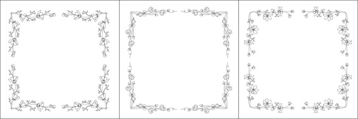 Set of three vector frames with cosmos flowers. Elegant black and white monochrome ornamental corners. Vector frame for all sizes and formats. Isolated vector illustration.