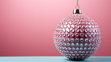 Obraz premium Shining pink Christmas luxurious ball in precious crystals on a pink background. Happy new year mood