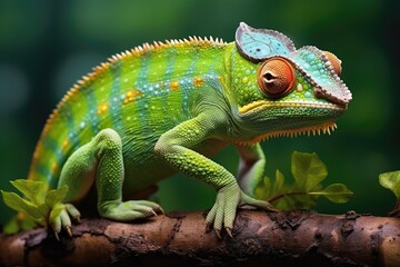 Obraz premium A vibrant chameleon perched on a lush tree branch